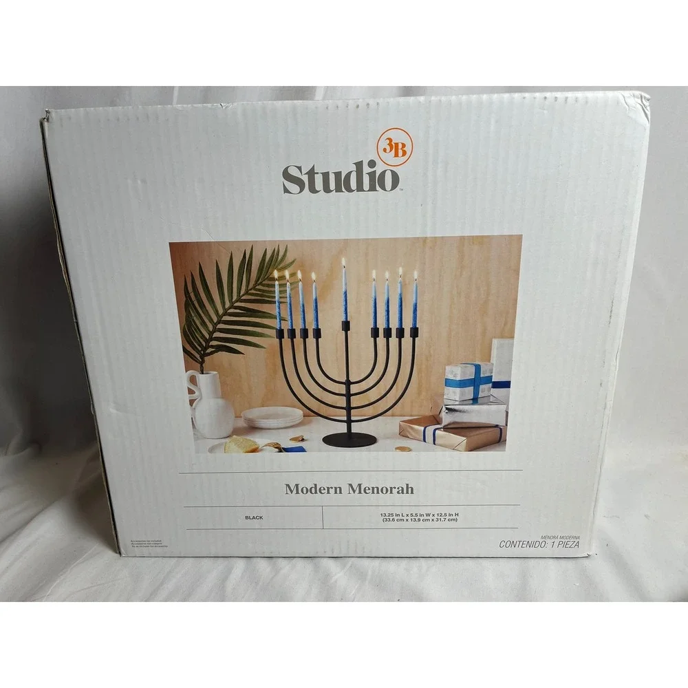 Studio3B Modern Menorah Black Matte Metal Hanukkah Candelabra Minimalist 13.25in